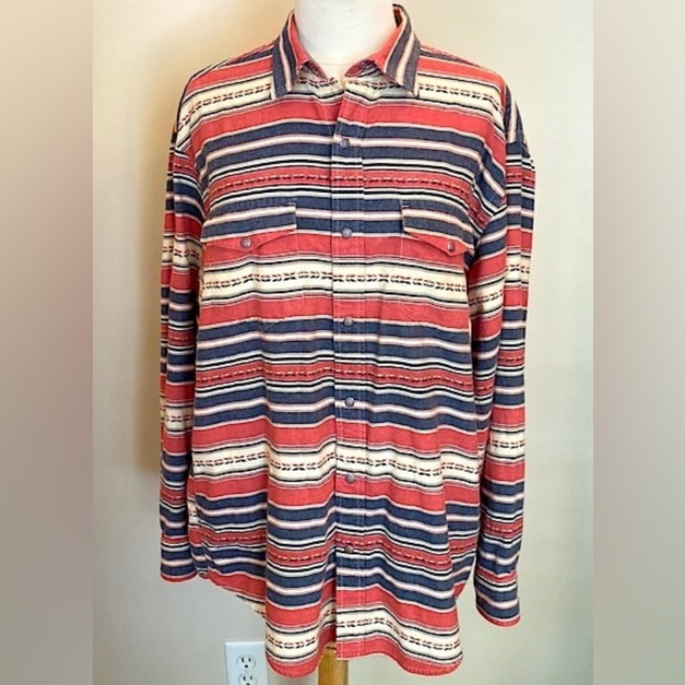 Orvis Blue Red Southwest Striped Print L Aztec Western Cowboy Rodeo Ranch Shirt